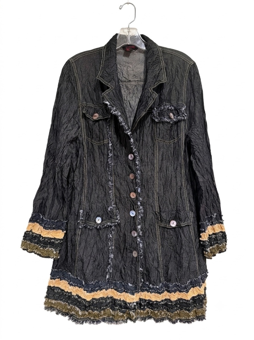 VTG Simon Chang Black Crinkled Long Blazer Jacket with Tan and Olive Trim